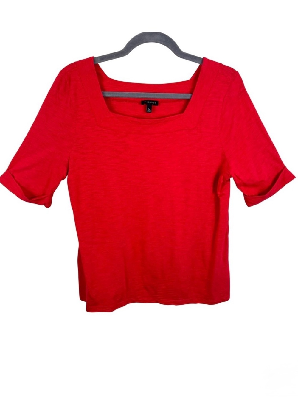 Talbots Red Slub Knit Square Neck Elbow Sleeve‎ Top LP Petite Cotton Modal